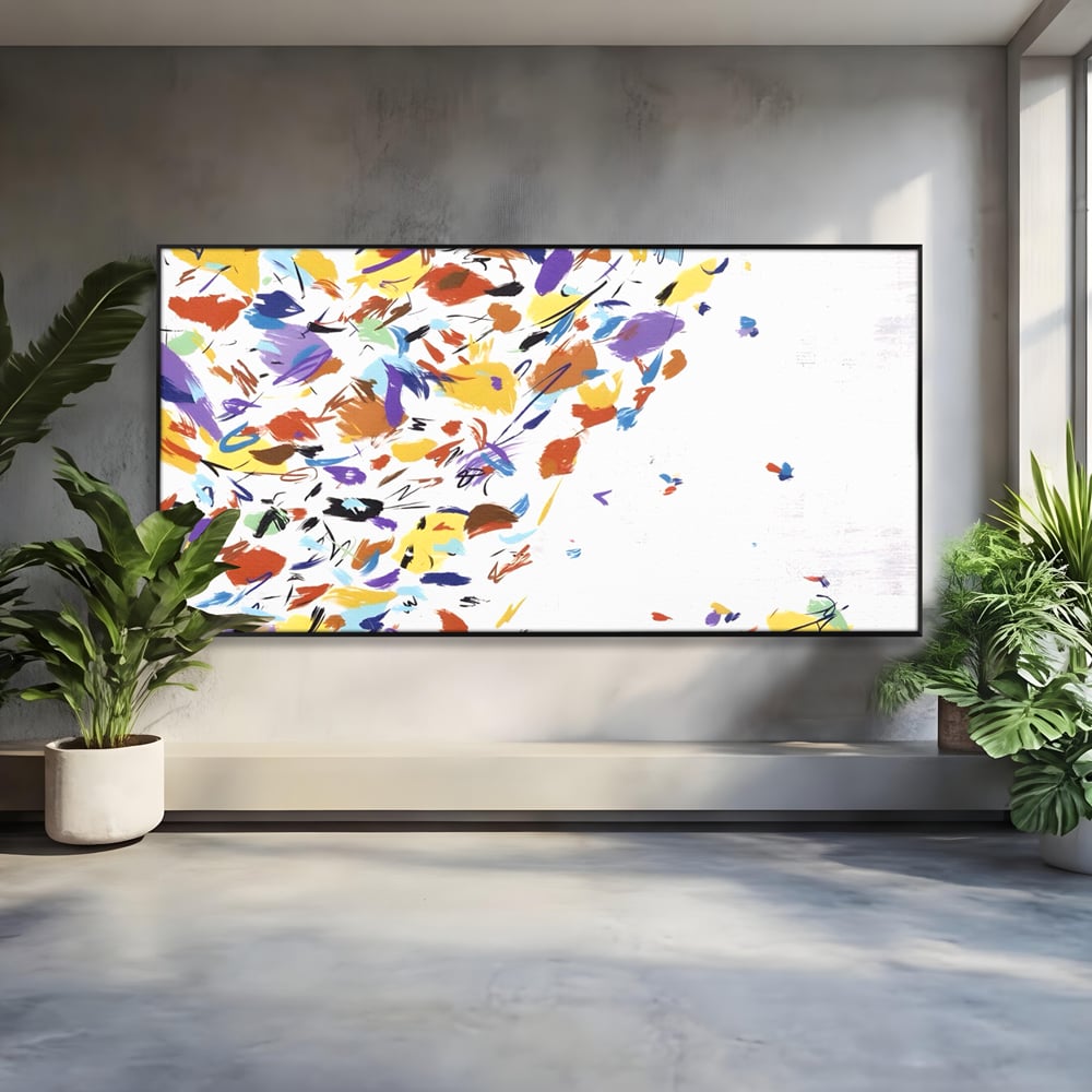 Tablou canvas cu pictura abstracta cu frunze colorate, in rama de aluminiu negru